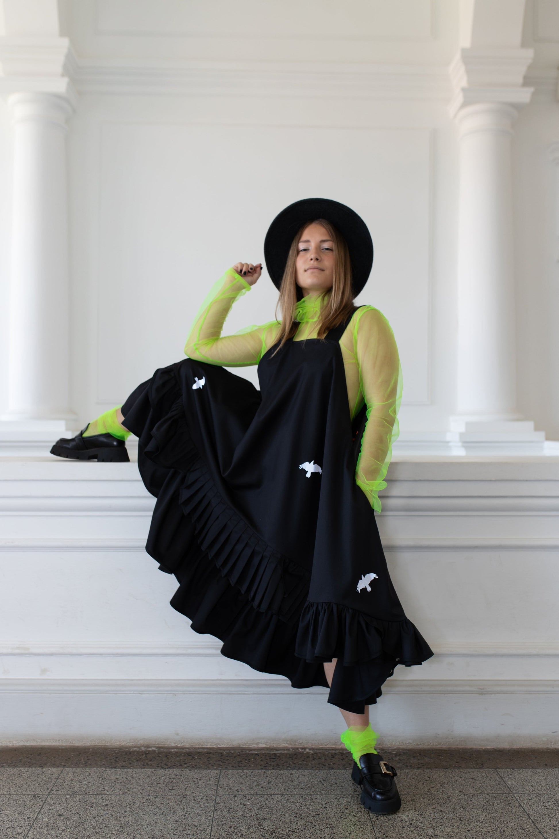 Black fronzi dress with reflective bird details