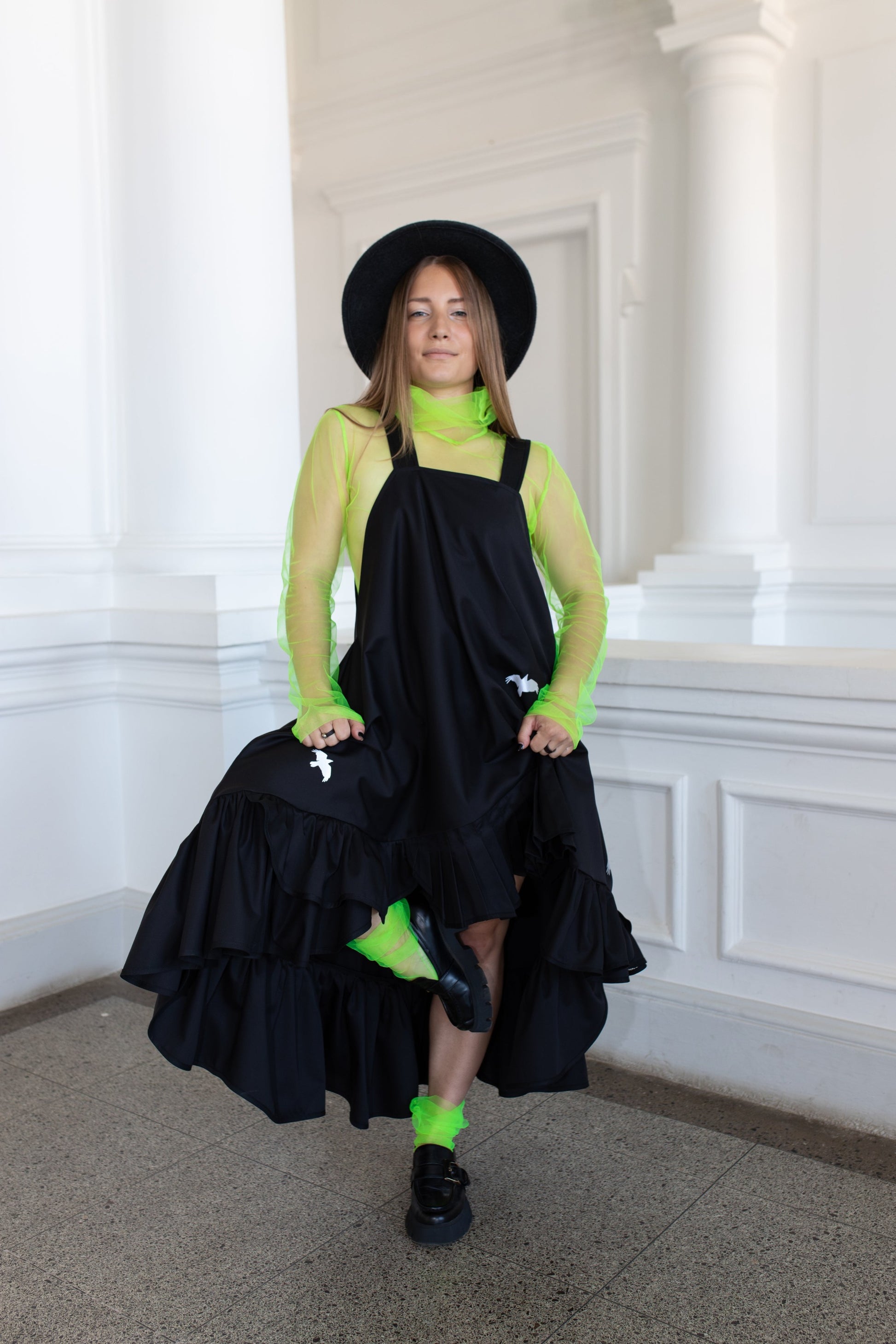 Black fronzi dress with reflective bird details