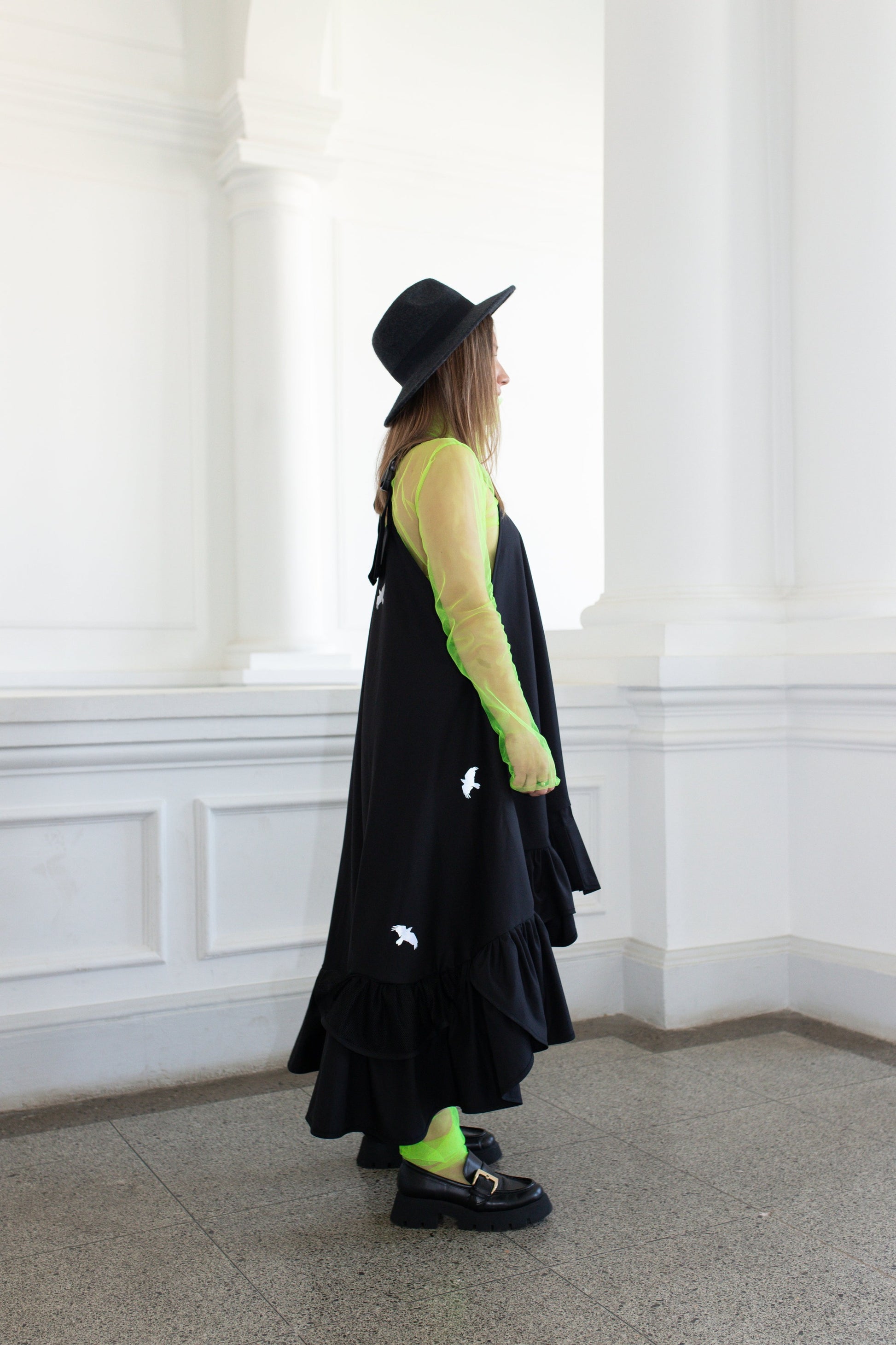 Black fronzi dress with reflective bird details