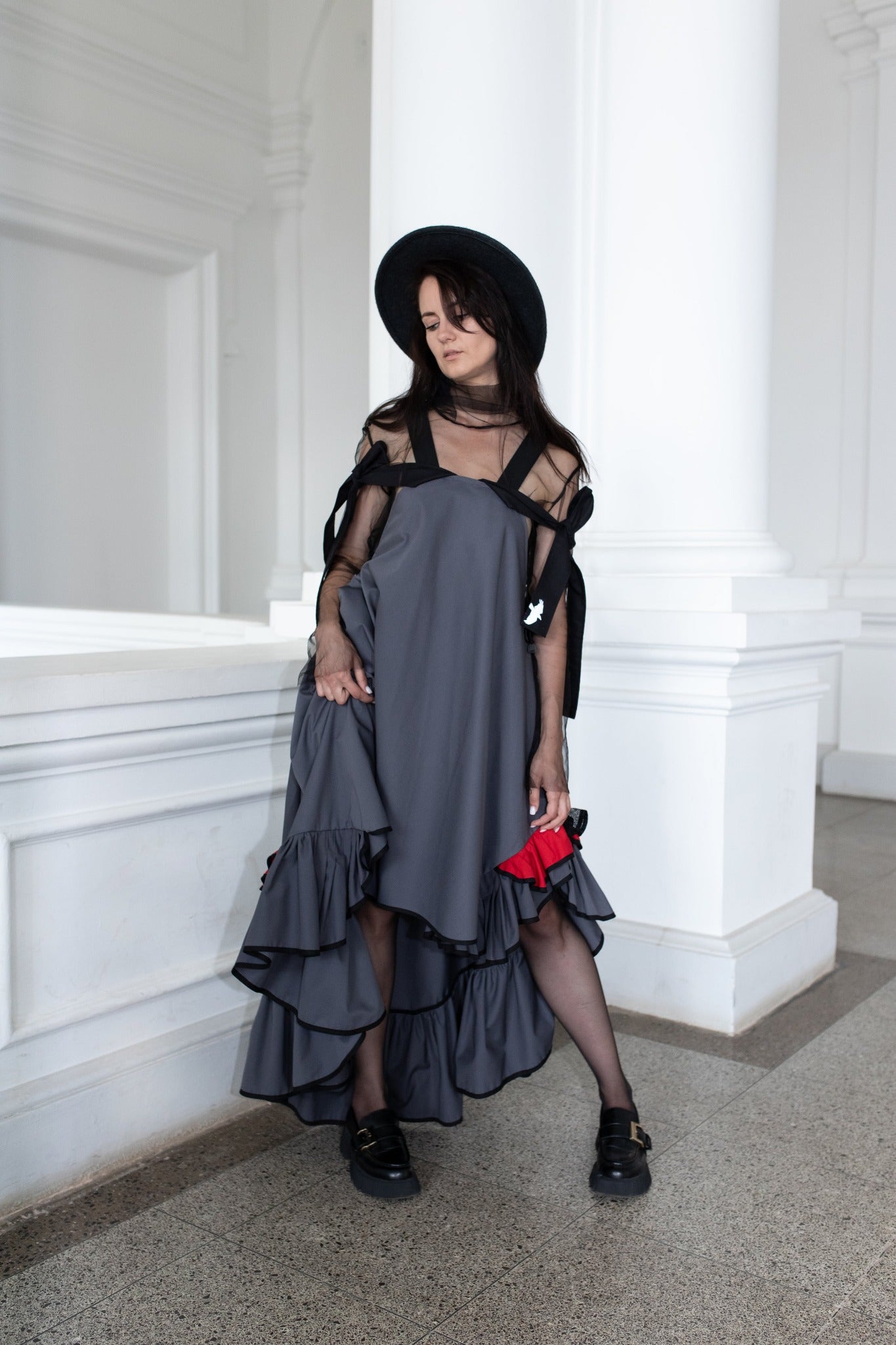 Grey fronzi dress with red and grey frills