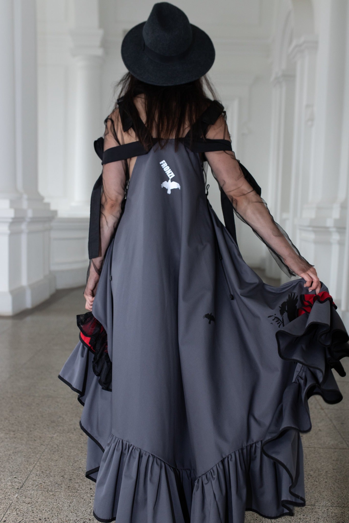 Grey fronzi dress with red and grey frills