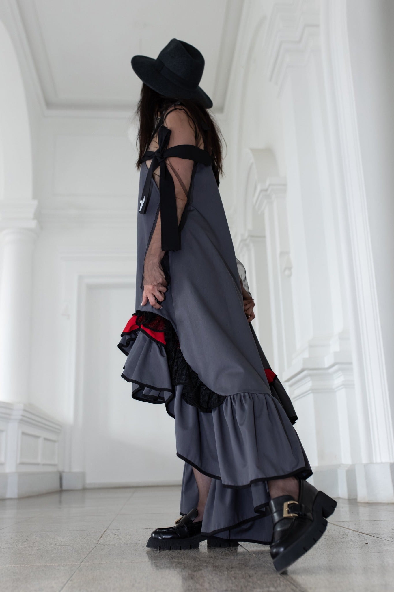 Grey fronzi dress with red and grey frills