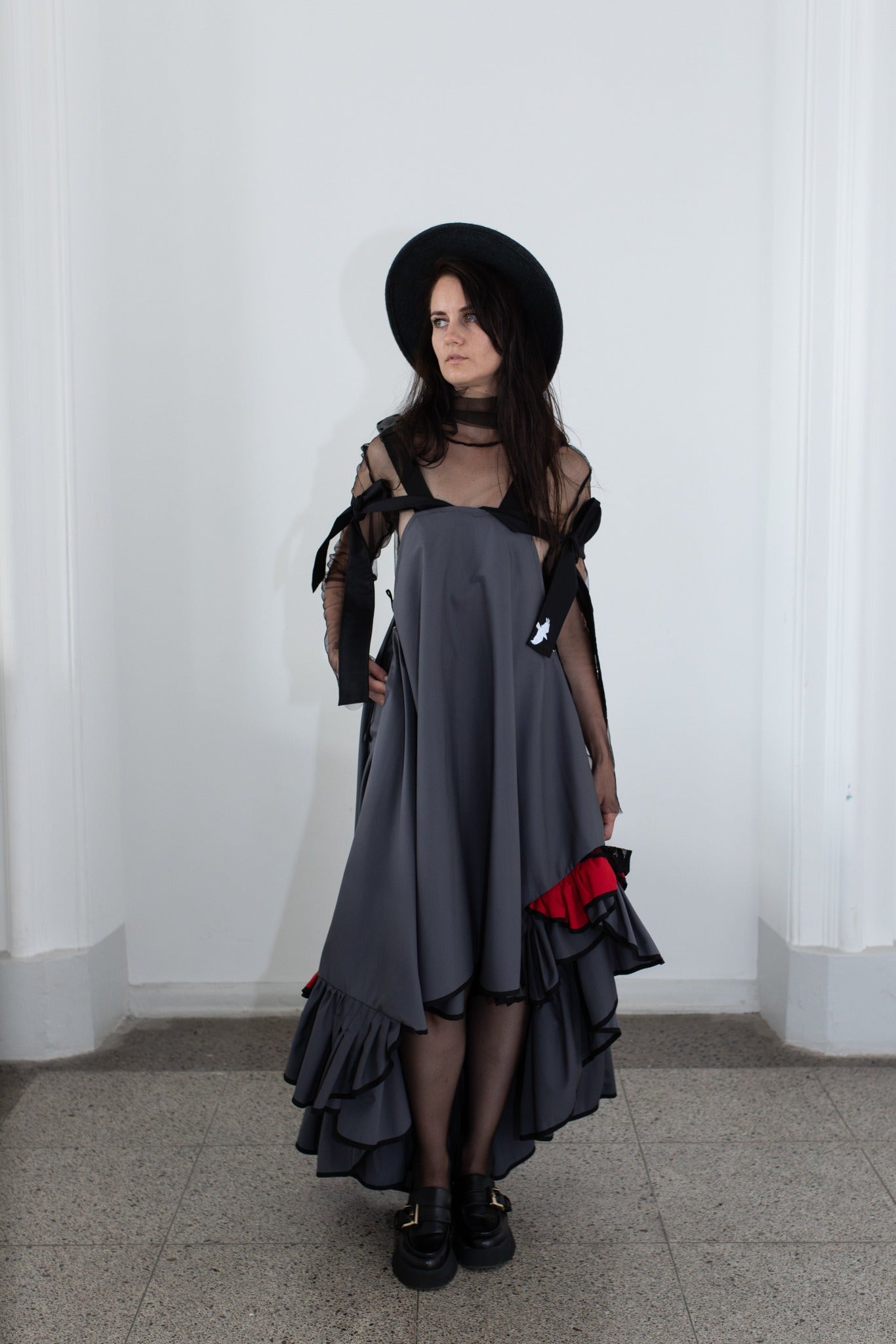 Grey fronzi dress with red and grey frills