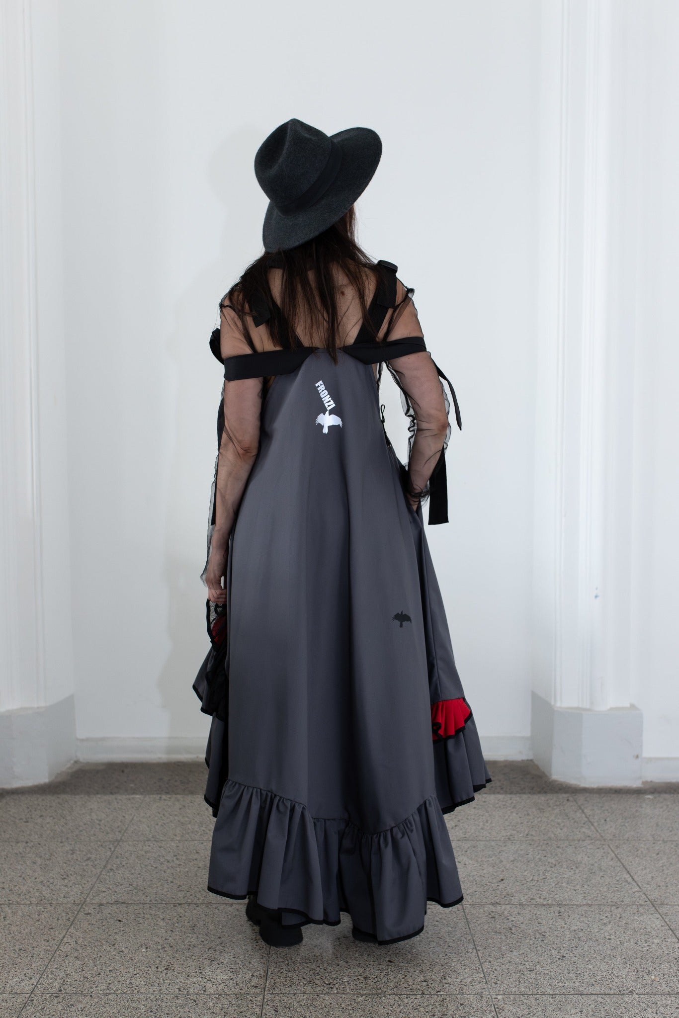 Grey fronzi dress with red and grey frills