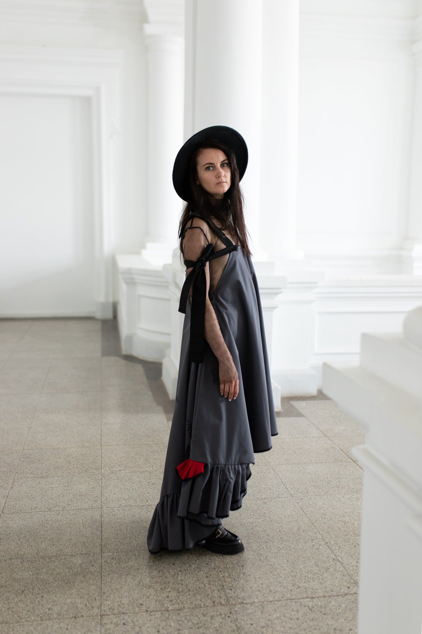 Grey fronzi dress with red and grey frills