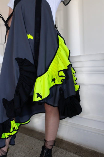 Grey fronzi dress with neon and black details and frills